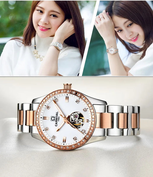 CARNIVAL Women’s Gold Automatic Watch – Tourbillon, Sapphire, Waterproof Stainless Steel, Elegant Reloj Mujer