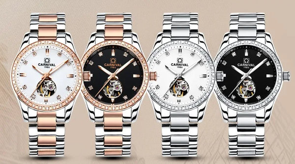 CARNIVAL Women’s Gold Automatic Watch – Tourbillon, Sapphire, Waterproof Stainless Steel, Elegant Reloj Mujer