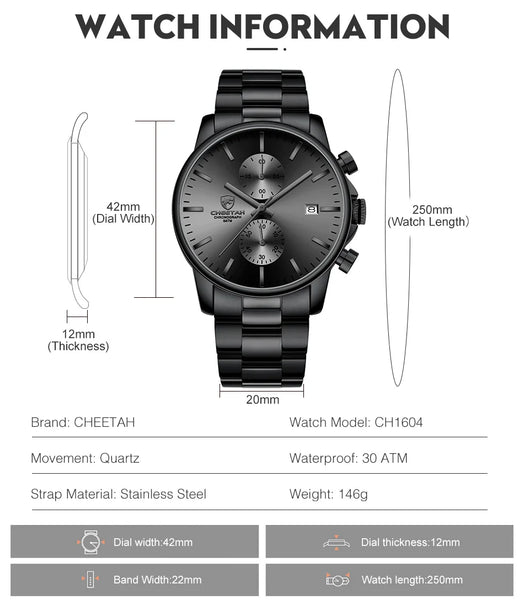 New CHEETAH Men Watch Luxury Brand Business Black Quartz Watches Mens Waterproof Chronograph Sport Wristwatch Date Male Clock