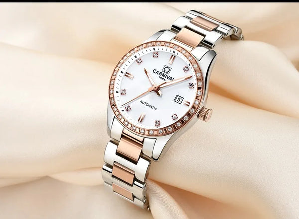 CARNIVAL Women’s Gold Automatic Watch – Tourbillon, Sapphire, Waterproof Stainless Steel, Elegant Reloj Mujer