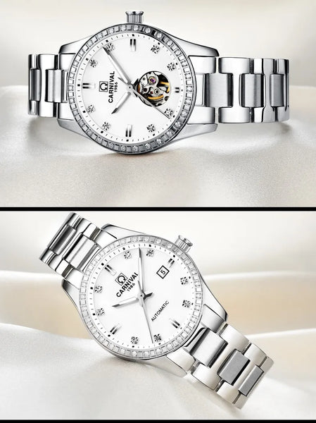 CARNIVAL Women’s Gold Automatic Watch – Tourbillon, Sapphire, Waterproof Stainless Steel, Elegant Reloj Mujer