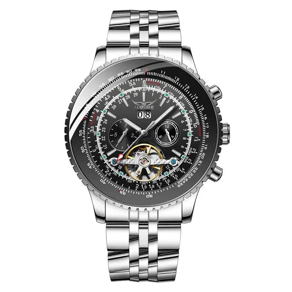 Jaragar Men's Luxury Tourbillon Watch – Automatic, Calendar, Silver Stainless Steel