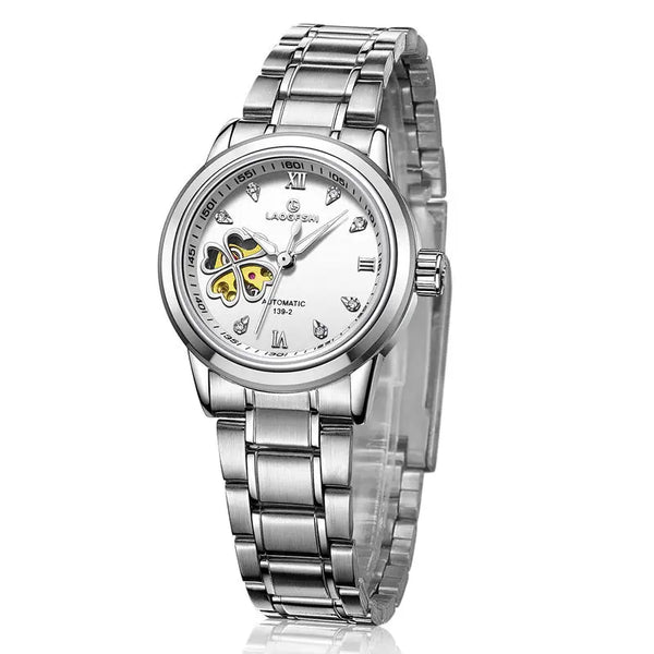 Women's Automatic Watch – Diamond Four-Leaf Clover Dial, Rose Leather Strap, Waterproof, Mechanical Luxury Wristwatch