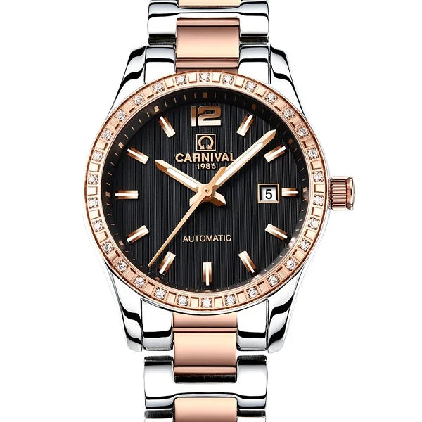 CARNIVAL Women’s Gold Automatic Watch – Tourbillon, Sapphire, Waterproof Stainless Steel, Elegant Reloj Mujer