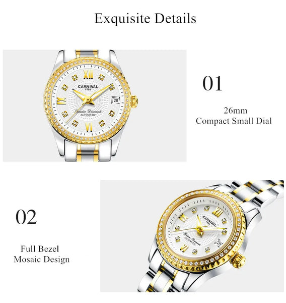 CARNIVAL Brand Luxury Wrist Watches for Women Ladies Waterproof Sapphire Automatic Mechanical Wristwatch Luminous Montre Femme