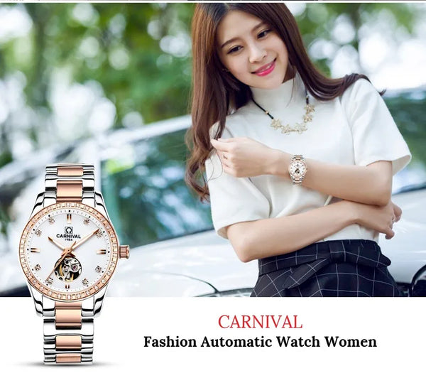 CARNIVAL Women’s Gold Automatic Watch – Tourbillon, Sapphire, Waterproof Stainless Steel, Elegant Reloj Mujer