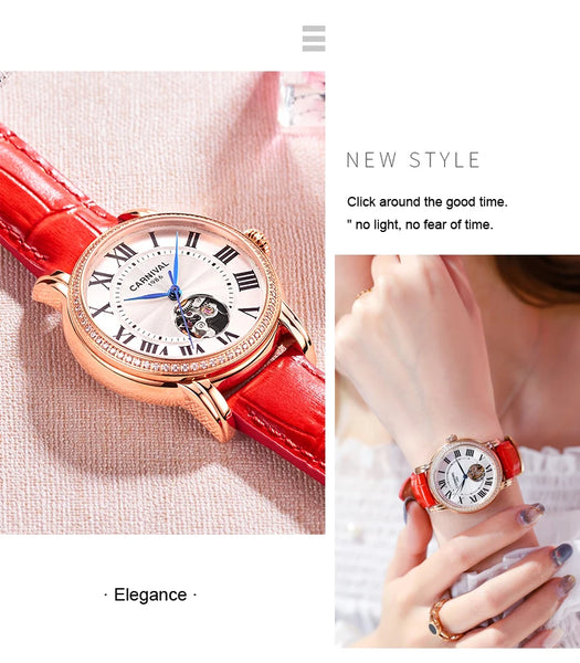 CARNIVAL Women’s Automatic Watch – Skeleton Dial, Sapphire, Waterproof, Japan Movement, Luxury Swiss Brand C8052L