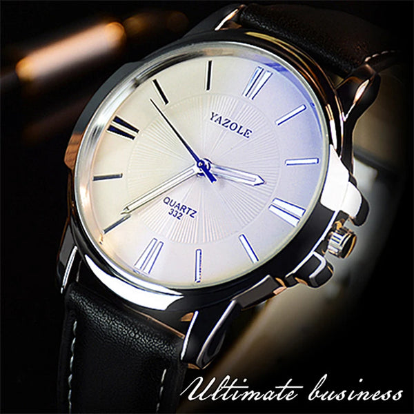 YAZOLE Men's Luxury Watch – Blue Glass Dial, Waterproof, Leather Strap, Roman Numerals, Top Brand Relojes
