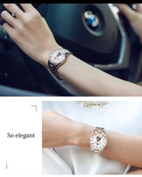 CARNIVAL Women’s Gold Automatic Watch – Tourbillon, Sapphire, Waterproof Stainless Steel, Elegant Reloj Mujer