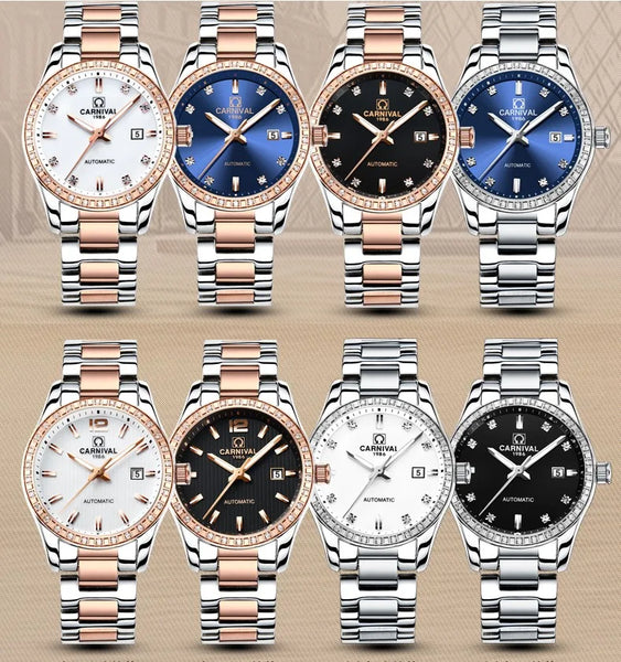 CARNIVAL Women’s Gold Automatic Watch – Tourbillon, Sapphire, Waterproof Stainless Steel, Elegant Reloj Mujer