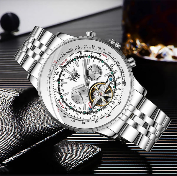 Jaragar Men's Luxury Tourbillon Watch – Automatic, Calendar, Silver Stainless Steel