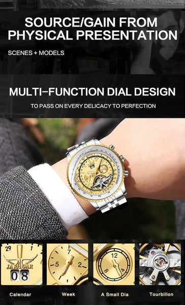 Jaragar Men's Luxury Tourbillon Watch – Automatic, Calendar, Silver Stainless Steel