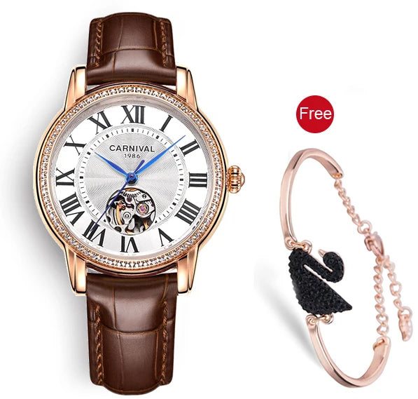 CARNIVAL Women’s Automatic Watch – Skeleton Dial, Sapphire, Waterproof, Japan Movement, Luxury Swiss Brand C8052L