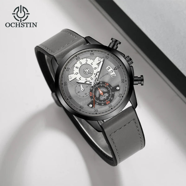 OCHSTIN Men’s Quartz Watch – Waterproof, Leather-Covered Rubber Strap, Classic Casual Wristwatch