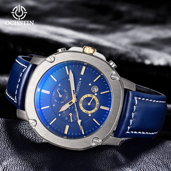OCHSTIN Men’s Quartz Chronograph Watch – Waterproof, Leather Strap, Multifunction, Casual Business Style
