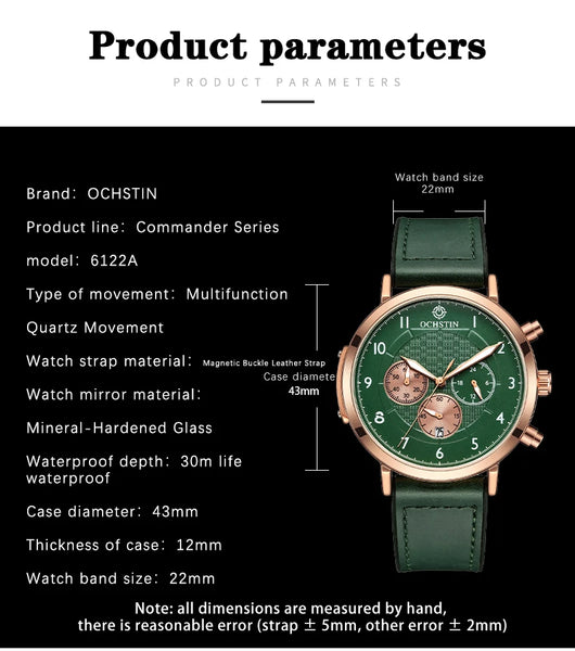 OCHSTIN Commander Men’s Watch – Quartz Movement, Magnetic Buckle, Waterproof, Leather-Rubber Strap