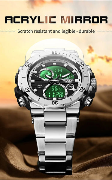 Solar-Powered Business Watch – Dual Display, Steel Band, Luminous Hands