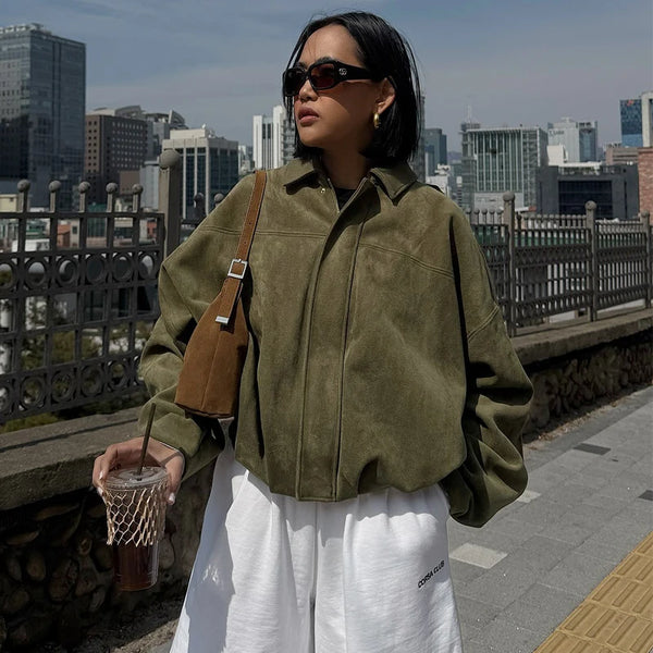 HXAO Women’s Suede Bomber Jacket – Cropped Racing Style, Lapel Zip Coat, High Street 2025 Fashion