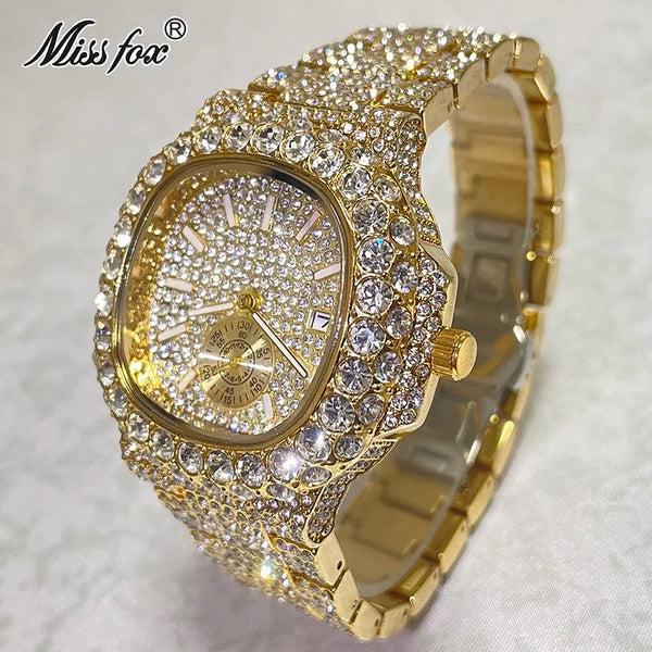 MISSFOX Men's Iced Out Watch – 18K Gold, Full Diamond, Auto Date, Waterproof