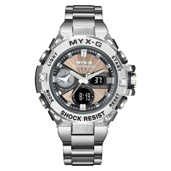 Men’s Eco Drive Watch – Solar + Motion Power, Windmill Dial
This solar-powered men's watch combines kinetic energy, alarm and timer functions, and a unique rotating windmill design—all housed in a durable all-steel body