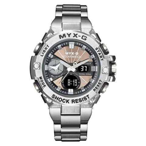 Men’s Eco Drive Watch – Solar + Motion Power, Windmill Dial
This solar-powered men's watch combines kinetic energy, alarm and timer functions, and a unique rotating windmill design—all housed in a durable all-steel body