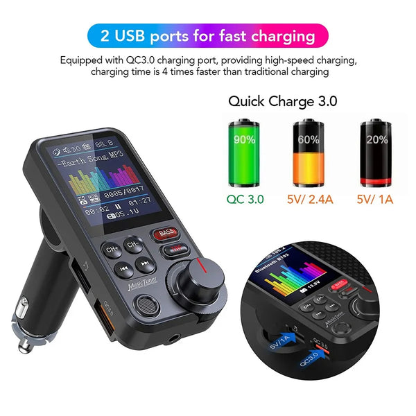 1.8 Inch Music Player Treble Bass Sound Bluetooth-Compatible Car Wireless USB Fast Charger AUX Auto Aux Radio Hands Free Car Kit