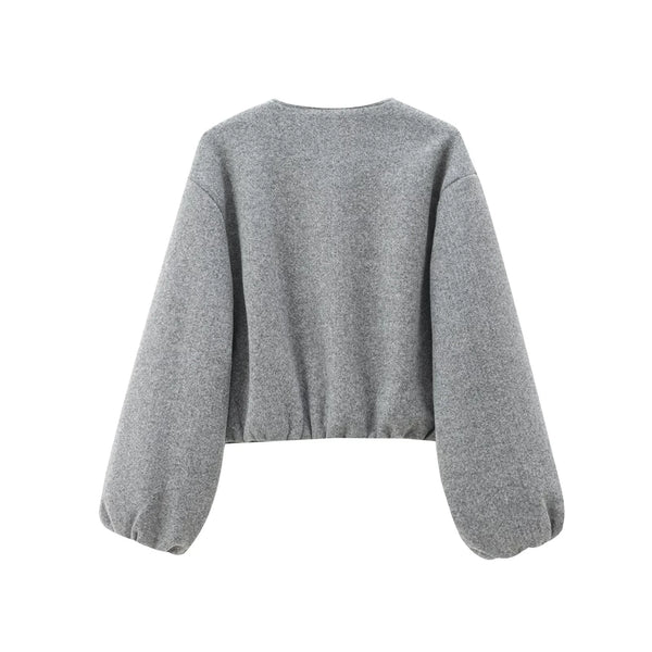 HXAO Women's Cropped Bomber Jacket – Faux Wool Zip-Up Coat, Long Sleeve Autumn/Winter Outerwear in Gray & Beige