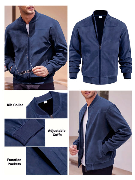 Men's Suede Bomber Jacket – Solid Color, Round Neck, Zipper Closure, Casual Sport & Golf Outerwear