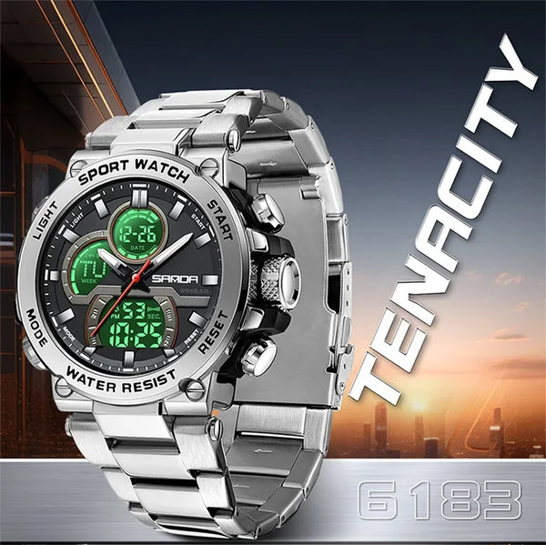 Solar-Powered Business Watch – Dual Display, Steel Band, Luminous Hands