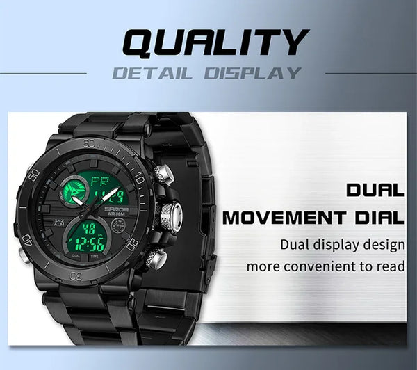 Solar-Powered Business Watch – Dual Display, Steel Band, Luminous Hands