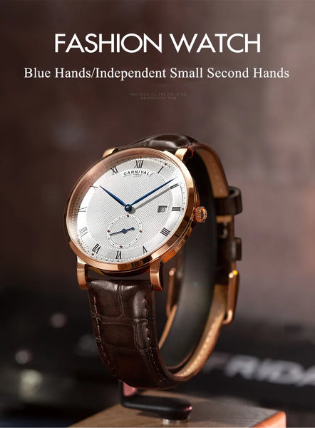 Carnival Men’s Luxury Watch – Automatic Mechanical, Waterproof, Rose Gold/Silver, Calendar