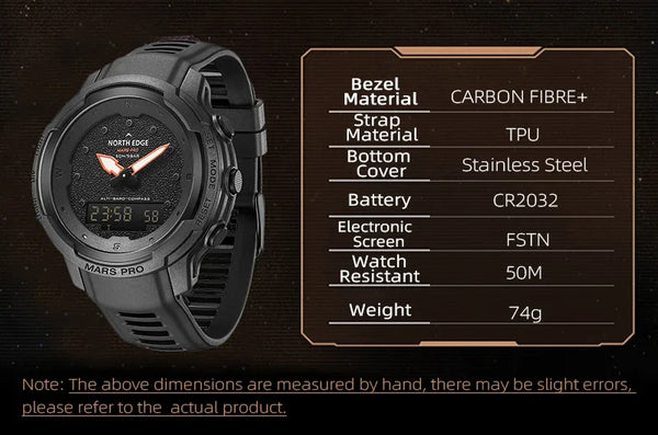 The NORTH EDGE MARS Pro is a rugged, multifunctional digital watch designed for outdoor enthusiasts, military use, and adventure seekers. It features a carbon fiber case, altimeter, barometer, compass, and 50M water resistanc