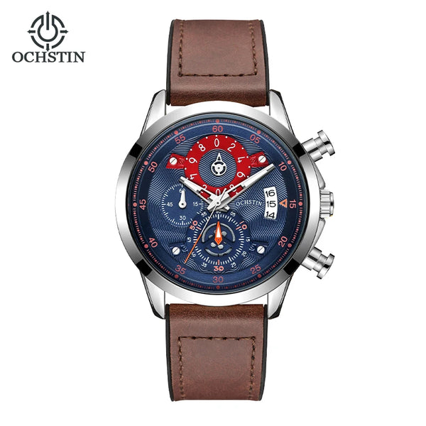 OCHSTIN Men’s Quartz Watch – Waterproof, Leather-Covered Rubber Strap, Classic Casual Wristwatch