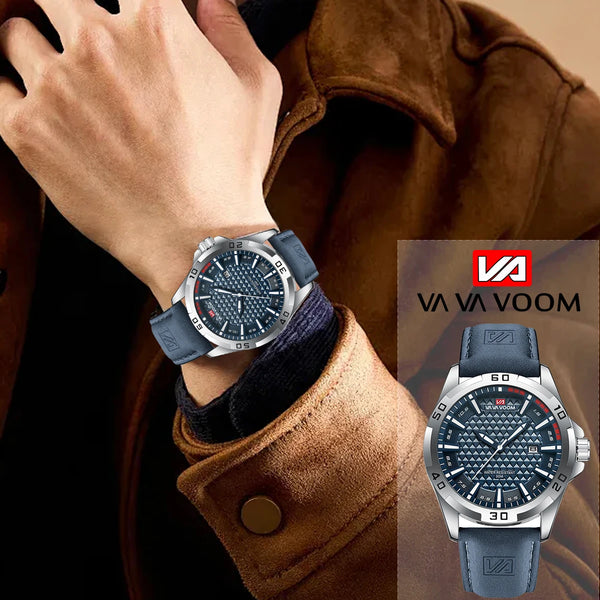 VA VA VOOM Men's Sport Quartz Watch – Military Style, Calendar, Waterproof, Leather