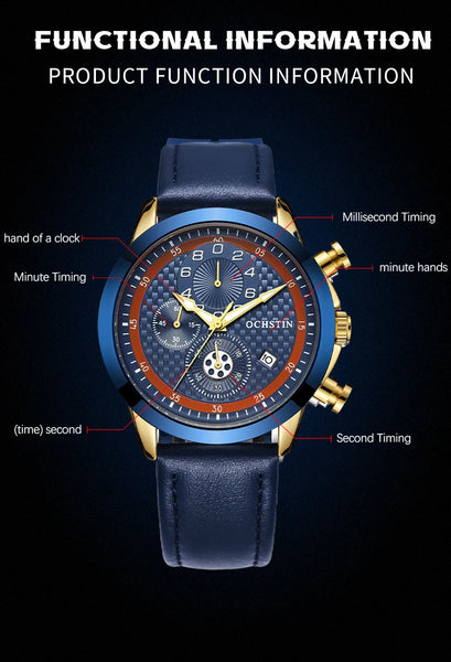 OCHSTIN Men’s Quartz Chronograph Watch – Waterproof, Leather Strap, Luminous Hands, Luxury Wristwatch