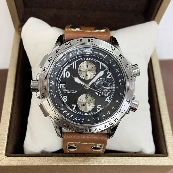 Men's Chronograph Watch – Blue Camouflage Dial, Yellow Accents, Luminous Hands, Leather Canvas Strap, Multifunction Movement