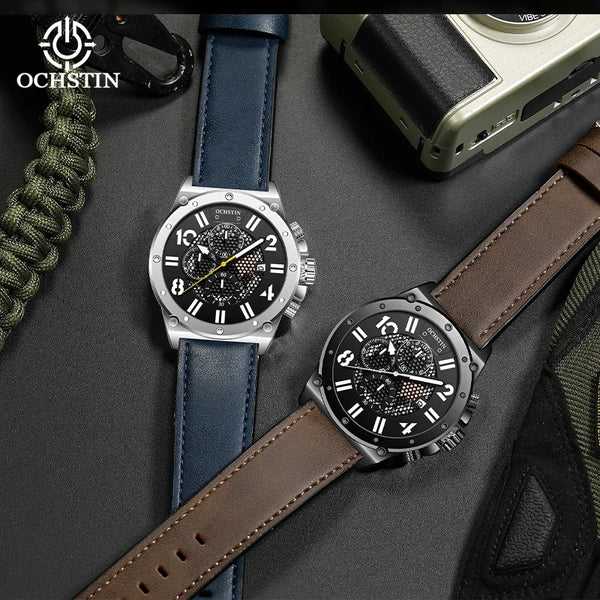 OCHSTIN Men’s Quartz Watch – Waterproof, Leather Strap, Luminous Hands, Multifunction Chronograph