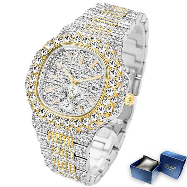 MISSFOX Men's Iced Out Watch – 18K Gold, Full Diamond, Auto Date, Waterproof