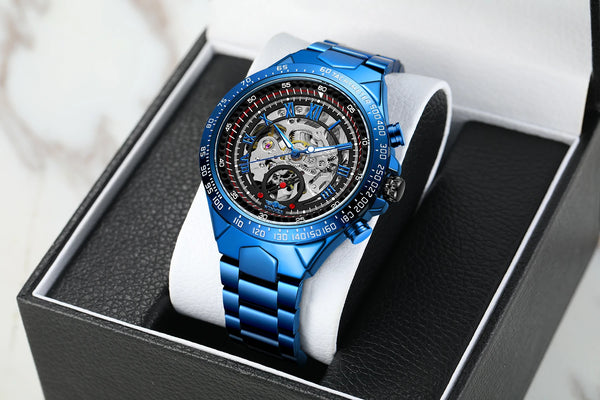 2024 Blue Dial Stainless Steel Skeleton Mechanical Automatic Watch Military Waterproof Male Wrist Watches High End Luxury