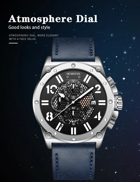 OCHSTIN Men’s Quartz Watch – Waterproof, Leather Strap, Luminous Hands, Multifunction Chronograph
