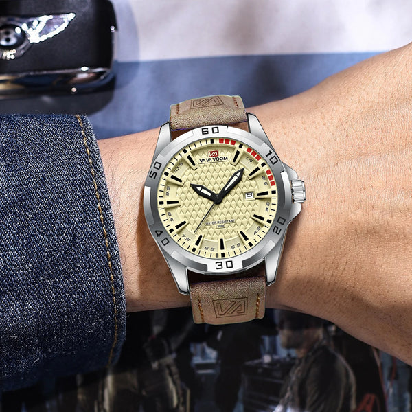 VA VA VOOM Men's Sport Quartz Watch – Military Style, Calendar, Waterproof, Leather