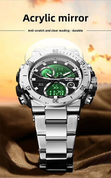 Solar-Powered Business Watch – Dual Display, Steel Band, Luminous Hands