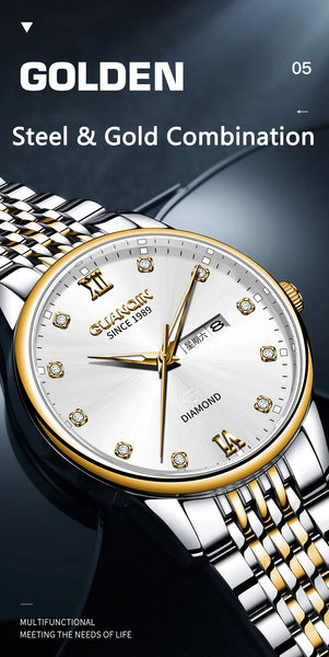 GUANQIN Men's Luxury Quartz Watch – Dual-Language Date, Waterproof, Luminous