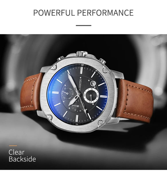 OCHSTIN Men’s Quartz Chronograph Watch – Waterproof, Leather Strap, Multifunction, Casual Business Style