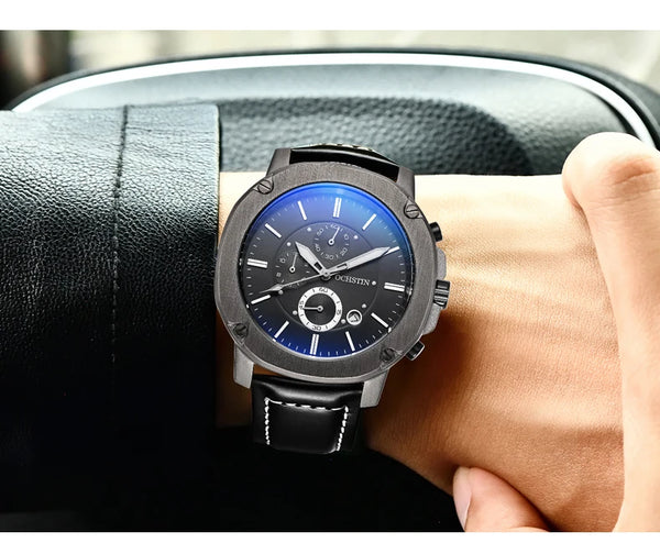 OCHSTIN Men’s Quartz Chronograph Watch – Waterproof, Leather Strap, Multifunction, Casual Business Style