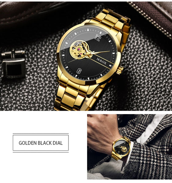 2024 New Design SKROX Original Luxury Luminous Skeleton Automatic Mechanical Watch Male Steel Strip Sports Waterproof