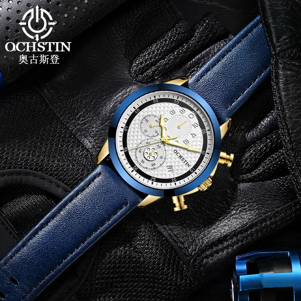 OCHSTIN Men’s Quartz Chronograph Watch – Waterproof, Leather Strap, Luminous Hands, Luxury Wristwatch