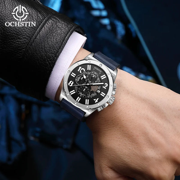 OCHSTIN Men’s Quartz Watch – Waterproof, Leather Strap, Luminous Hands, Multifunction Chronograph