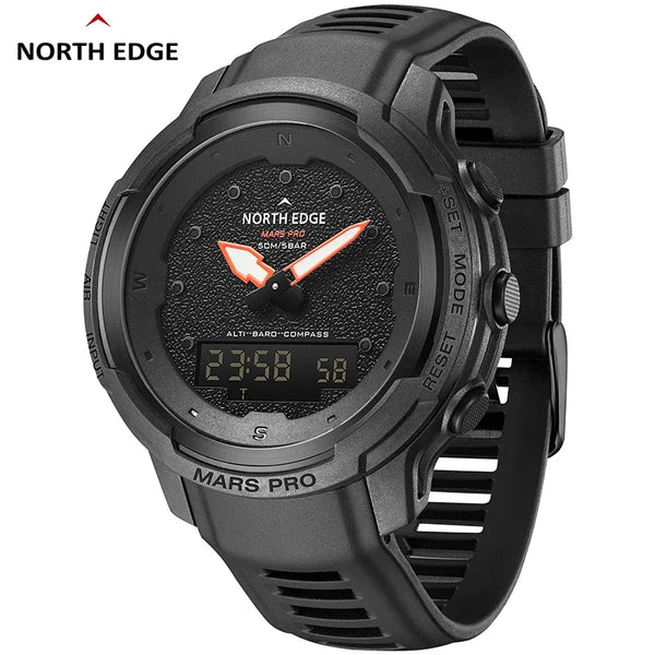 The NORTH EDGE MARS Pro is a rugged, multifunctional digital watch designed for outdoor enthusiasts, military use, and adventure seekers. It features a carbon fiber case, altimeter, barometer, compass, and 50M water resistanc
