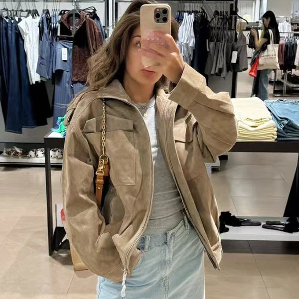 HXAO Leather Jacket Women Autumn Oversized Bomber Jacket New In Coats & Jackets Stand Collar Long Sleeve Tops Fashion Outerwear